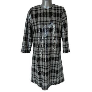 Draper James RSVP Dress Black Gray Silver Sequin Plaid Midi Women's Size 12
